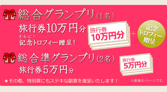 総合グランプリ 副賞:旅行券10万円分&記念トロフィー/総合準グランプリ 副賞:旅行券5万円分 ☆その他、特別賞にもステキな副賞を進呈いたします!